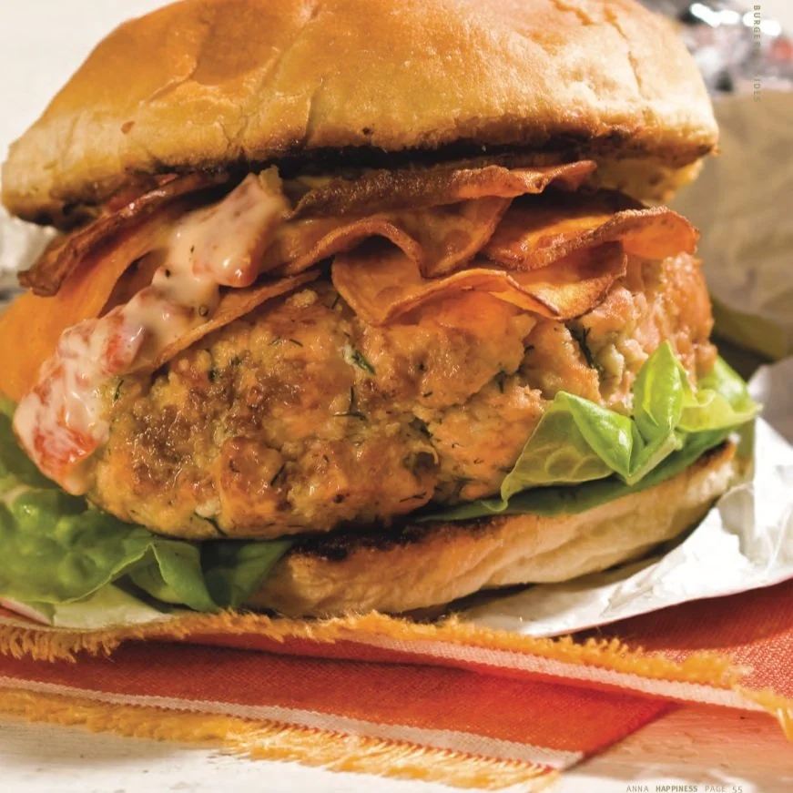 Salmon Burger With Red Pepper Mayonnaise And Sweet Potato Chips
