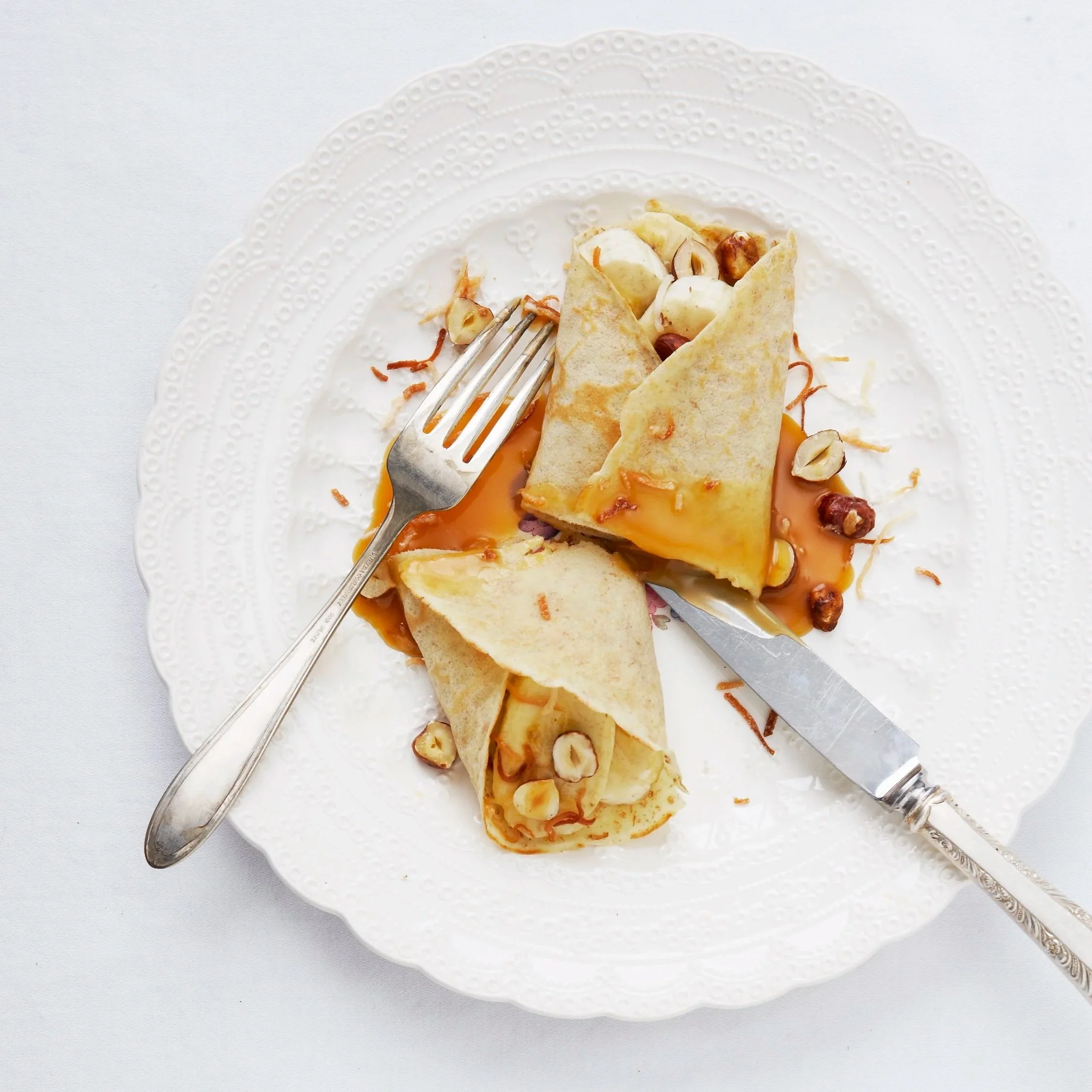 Banana Coconut Crêpes with Caramel Sauce