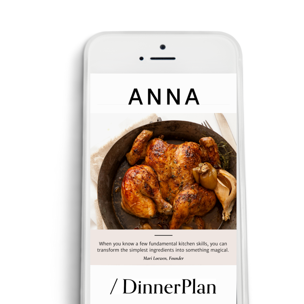 Smartphone displaying a page with a roasted chicken dish and the word 'ANNA' at the top.