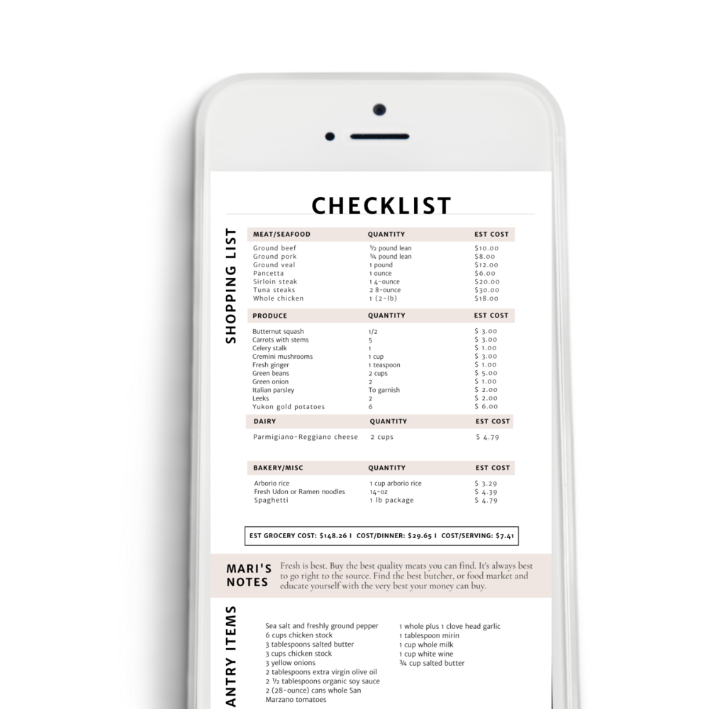 A grocery shopping checklist on a smartphone screen with sections for meat, produce, dairy, bakery, and pantry items, including quantities and estimated costs.