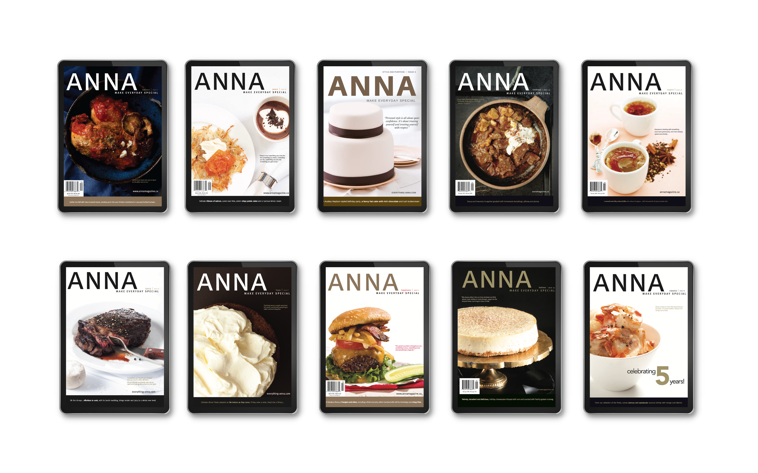 A collection of ten magazine covers featuring food and dining topics, arranged in two rows of five. The covers display images of various dishes, desserts, and beverages.