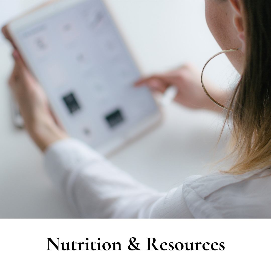 A person using a tablet, with the screen slightly out of focus, featuring the text 'Nutrition & Resources' at the bottom.