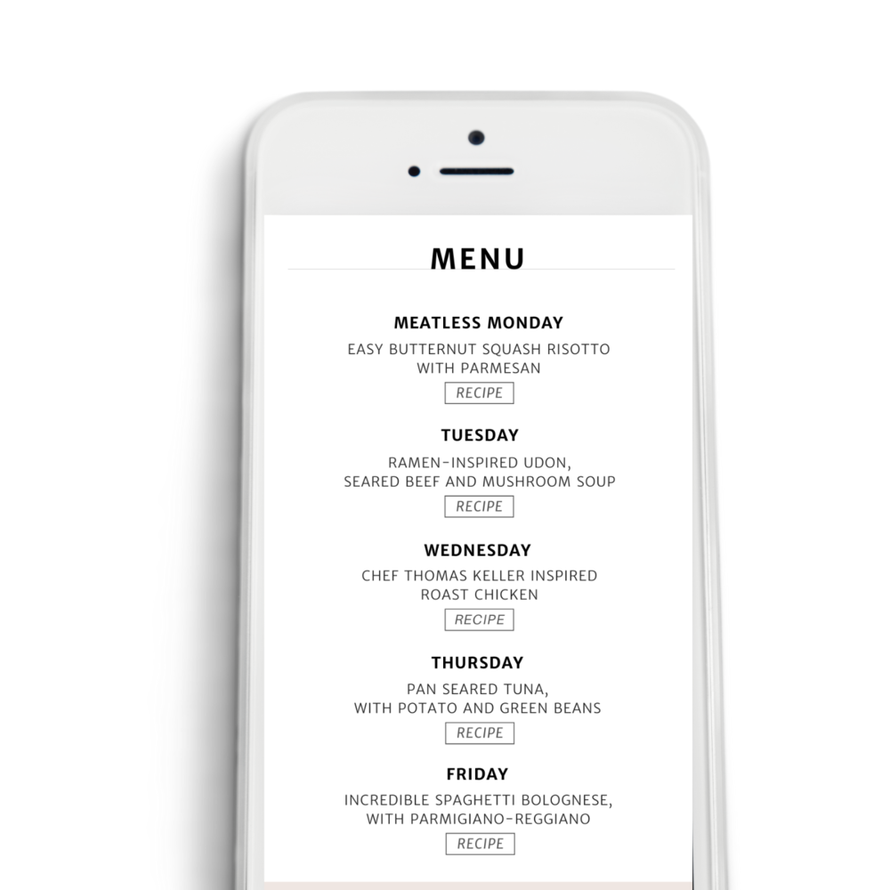 A smartphone displaying a weekly menu for a restaurant with dishes for each day from Monday to Friday, including recipes for each meal.