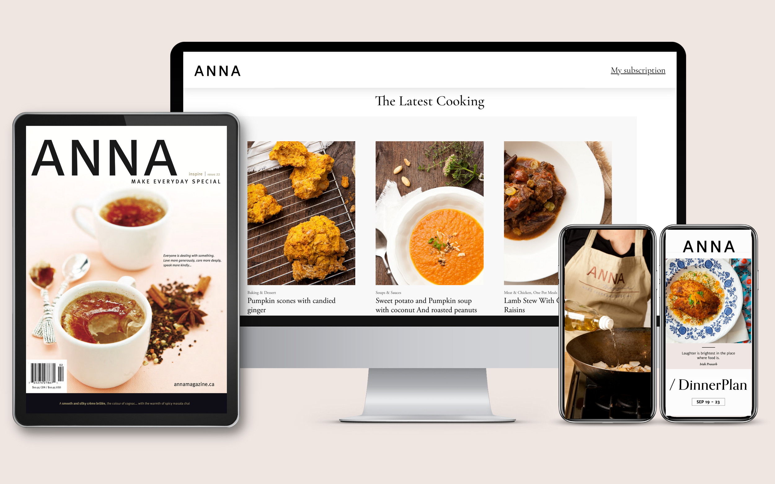 Multiple digital devices displaying food-related content from Anna magazine, including images of soup, fried chicken, and a pasta dish.
