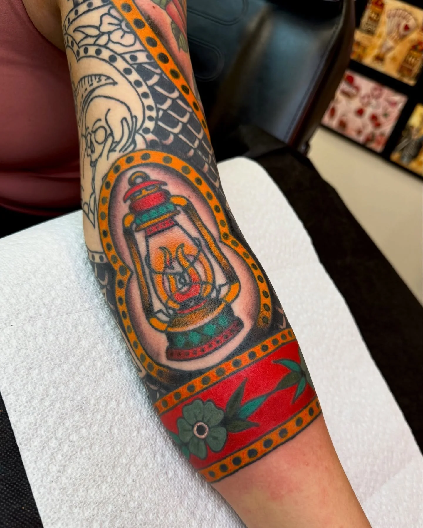 progress on Tori&rsquo;s framed sleeve 💥 thank you so much for your trust on this one! I love when framed sleeves really start to come together after we&rsquo;ve spent a couple sessions laying the ground work. happy healing! can&rsquo;t wait til nex