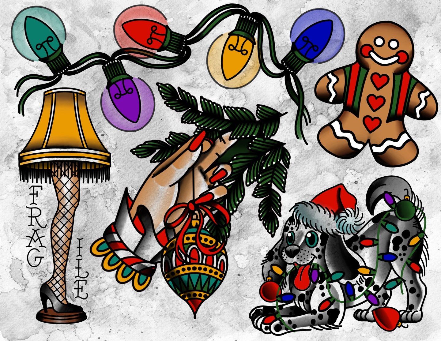 you all have asked time and time again so without further ado: here&rsquo;s more Christmas flash! ✨🎄🎁🐶 I had such a good time drawing these up and I hope I get to tattoo some (or all) of them! holiday lights can be made to fit in any gap! 

a frie