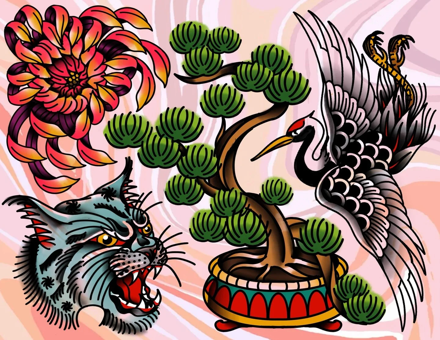 first flash of 2026 hot awf the presses ✨ chrysanthemum and bonsai made to fit whatever gap you&rsquo;d like 🥳

a friendly reminder all of my flash is repeatable, able to be adjusted to your liking and can be done in color or black and grey!  it can