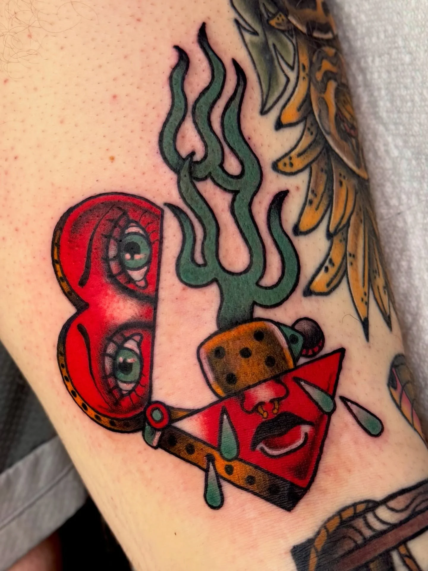 made for Gabe, based off of their sweetie&rsquo;s art&mdash; swipe to see the original and a healed photo of some other work I&rsquo;ve done on Gabe ✨ thank you so much for your trust with this one! it&rsquo;s always so lovely to tattoo you both ✨❤️&