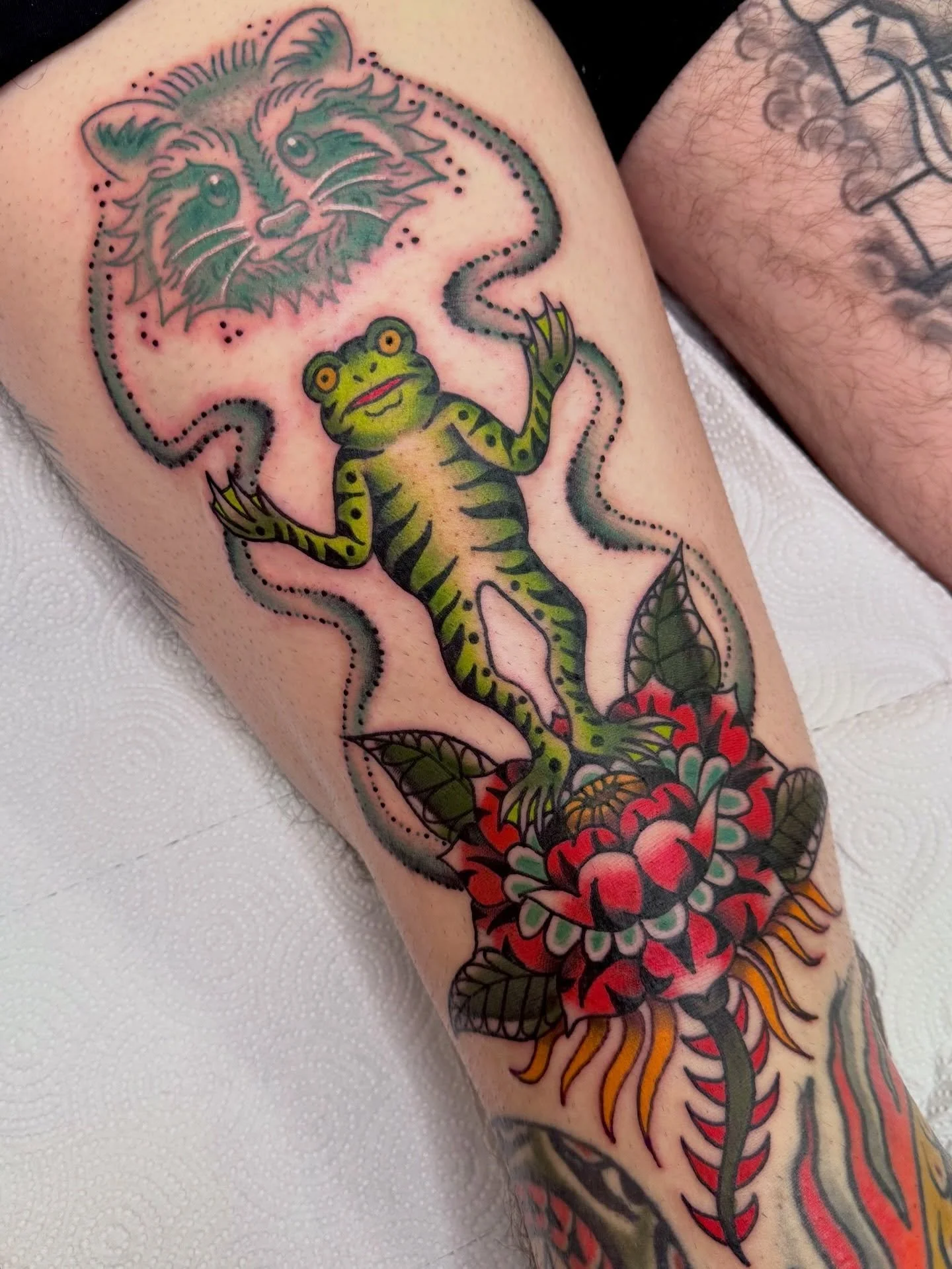 I have no words for this one (complimentary) 🐸
done for my sweetheart, Nik ✨ happy birthday!! I love you! thank you for trusting me to do the sickest tattoos for you always, you&rsquo;re my absolute favorite. thanks for being tough as hell and letti