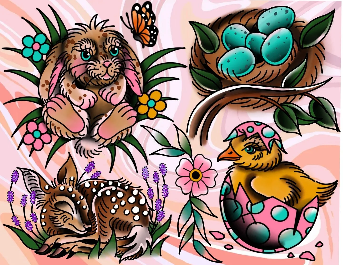 hoppy spring friends 🌷🐣🪺💐 here&rsquo;s some sleepy fluffy friends to start your spring off right! a friendly reminder all of my flash is repeatable, able to be adjusted to your liking and can be done in color or black and grey!  it can all be eas