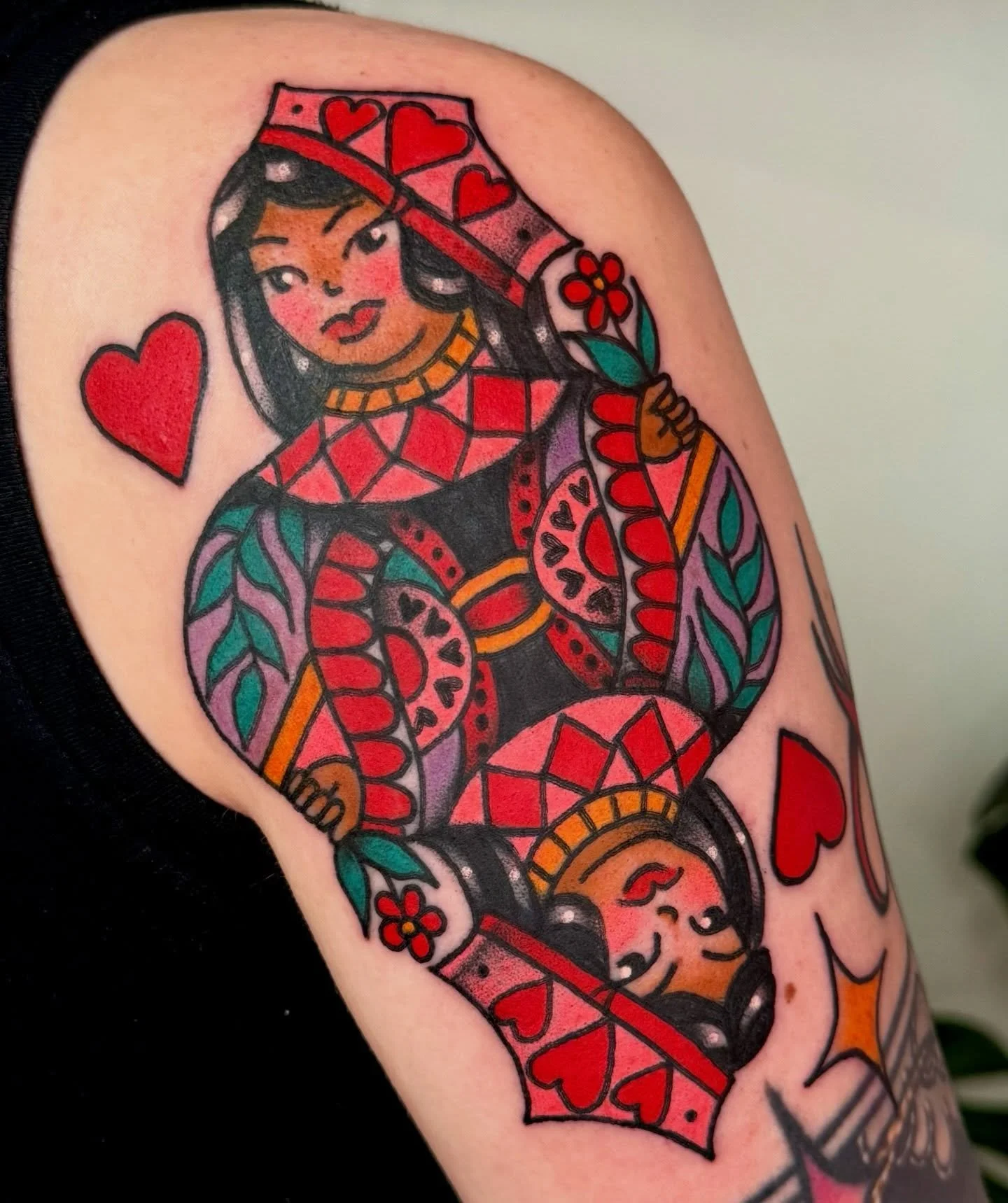 queen of hearts for Emily! I had such a wonderful time with this concept! thank you so much for your trust with this one, it was so lovely to tattoo you again! happy healing! 💫👑❤️ 

books open for flash and custom bookings &mdash; link is in my bio