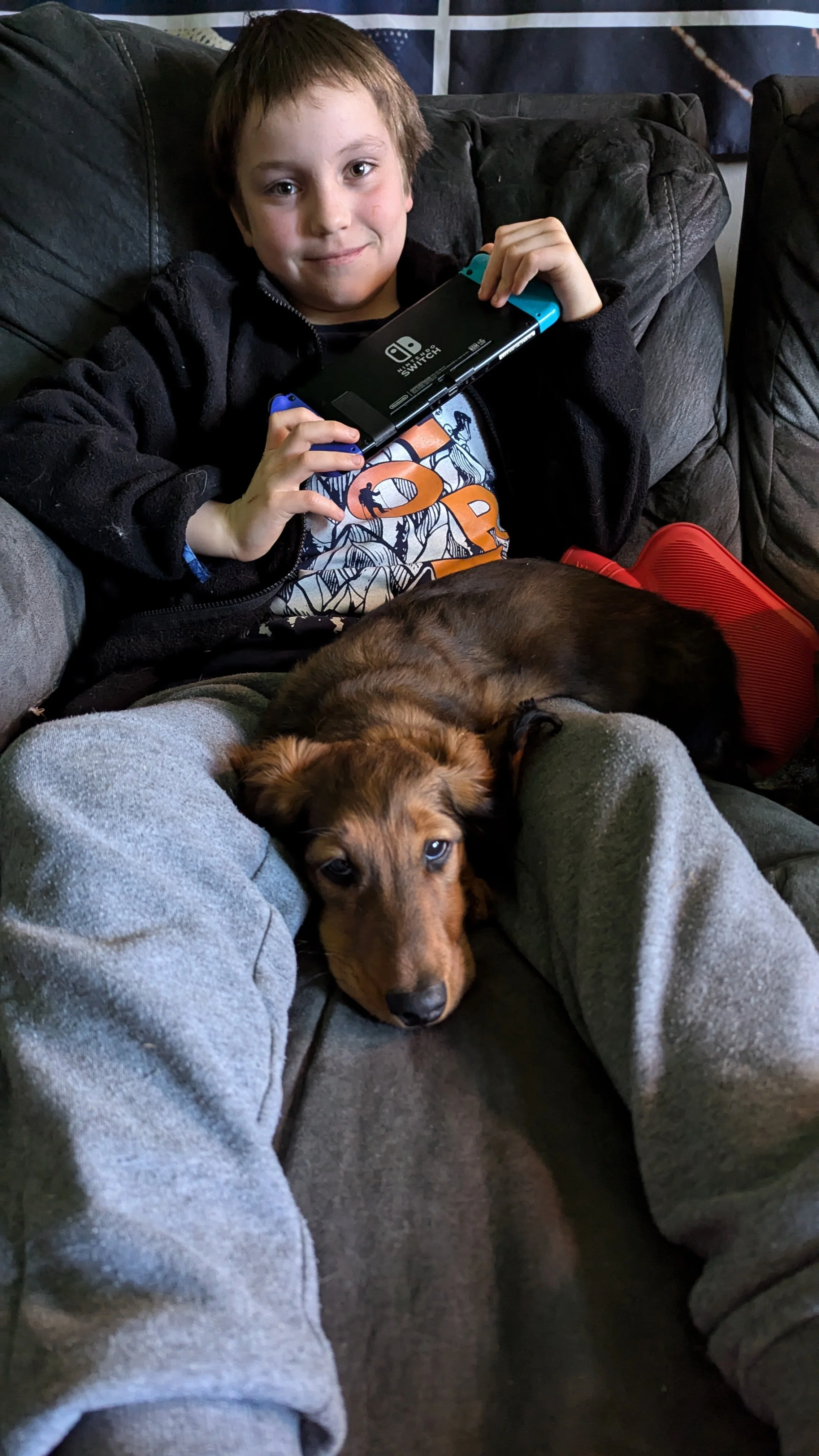 Dog sits in boys lap while he plays Nintendo