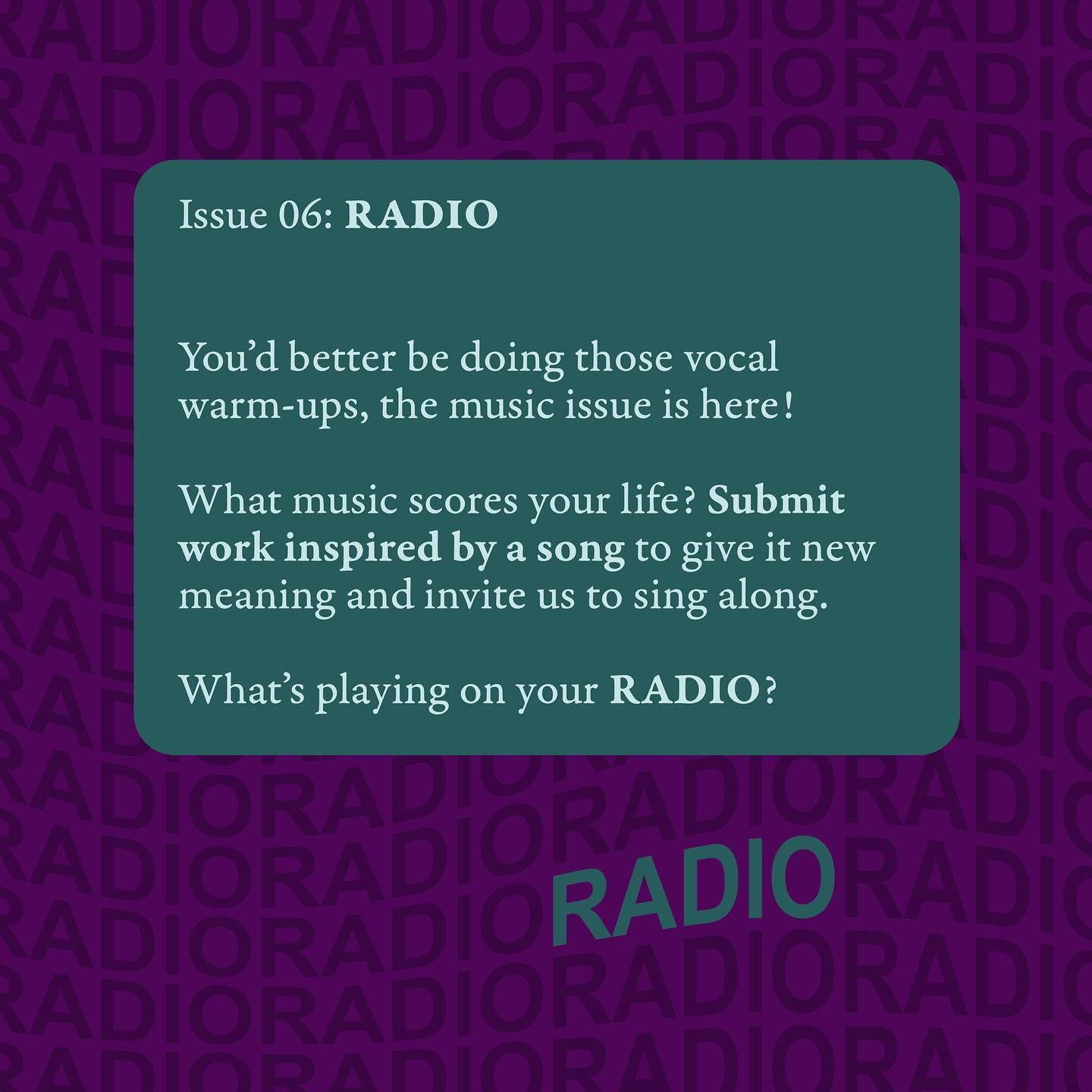 Introducing&hellip; Issue 06: RADIO!

Submissions open July 15th, so start thinking about what you want to create based on a song you love (or hate).

Check out the submission guidelines on the website (link in bio) so you&rsquo;re ready to go when t