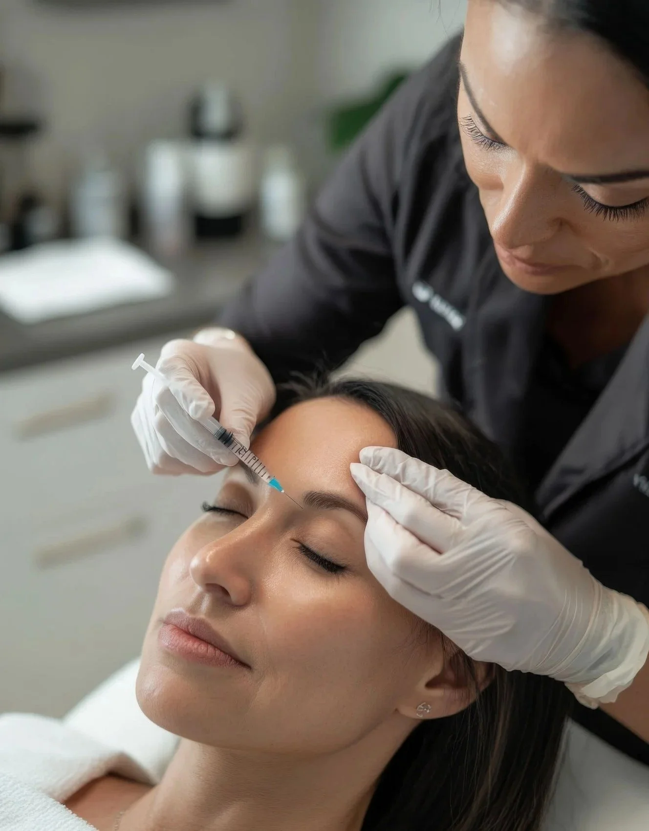 Woman getting Botox at a med spa when choosing med spa vs dermatologist care.