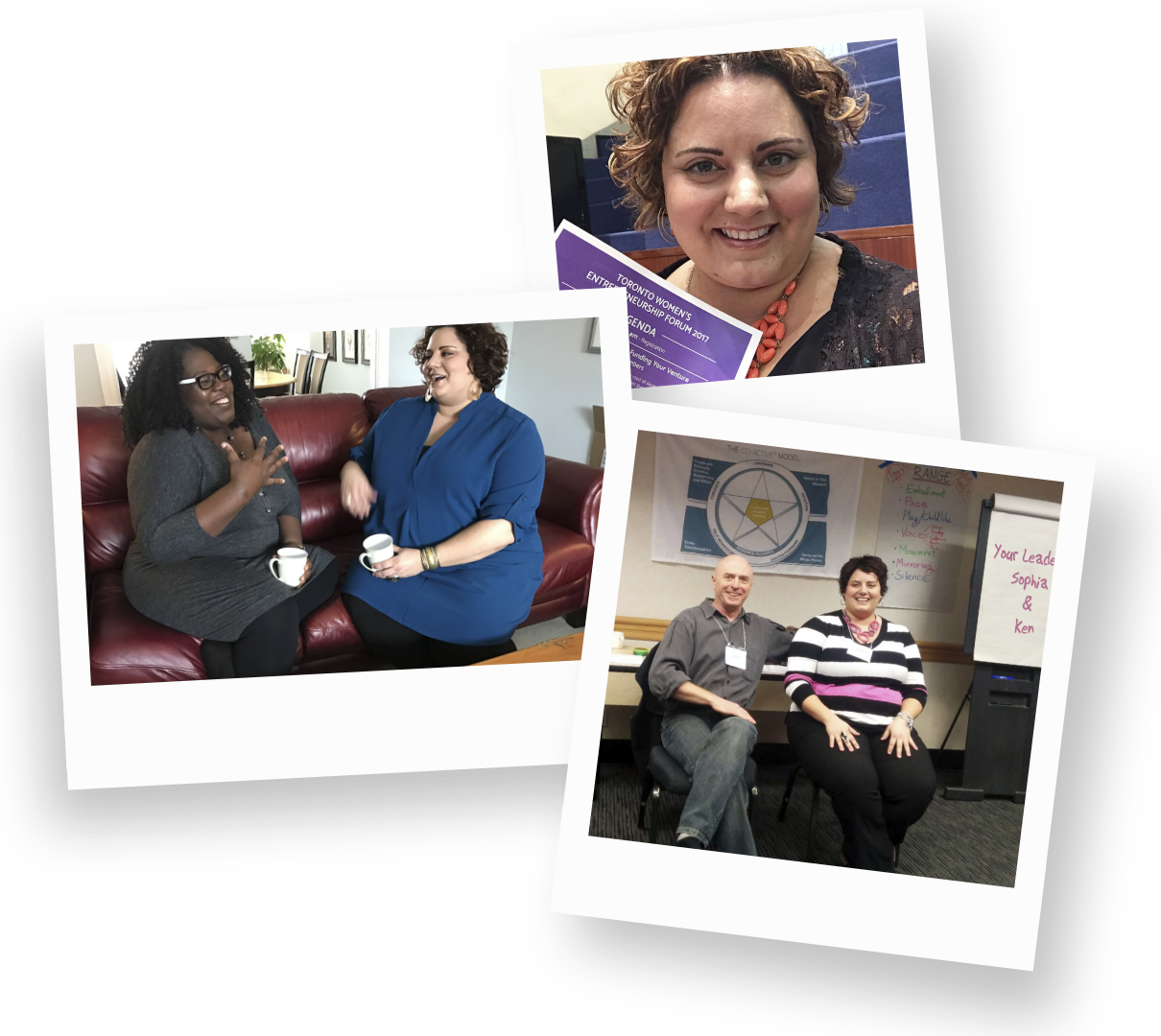 Multiple polaroid images featuring Sophia Apostol, a white woman and the founder of Fat Joy Creation Lab with other plus-sized individuals: sharing stories over coffee with a Black woman; posed with a white man; and holding a book.