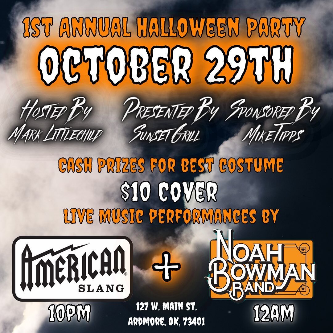 🎃OCTOBER 29TH🎃
Ardmore, Oklahoma

We&rsquo;re coming to burn the place down with our brother and Carter Counties finest, @_noahbowman_ 🔥🔥🔥

Not a single place in the state you should be other than @sunsetgrillardmore 

$10 Cover at the door, 18+