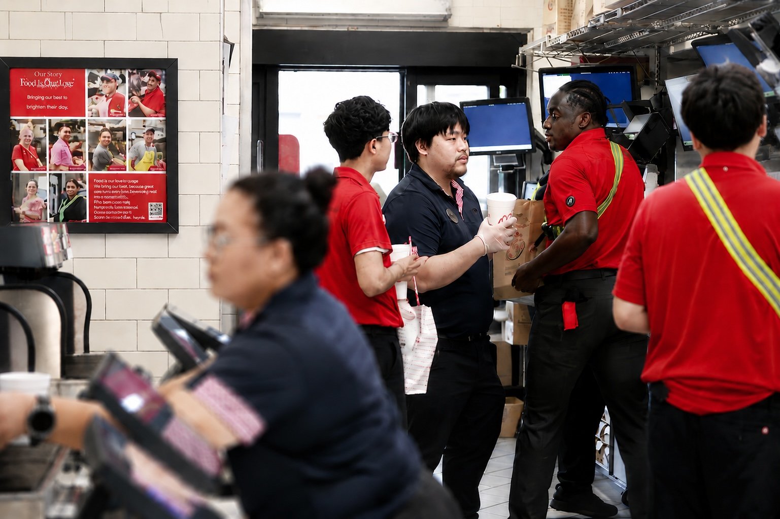 The Chick-fil-A Park Blvd. team working together at the front counter and drive thru cockpit during a shift in Plano, Texas.