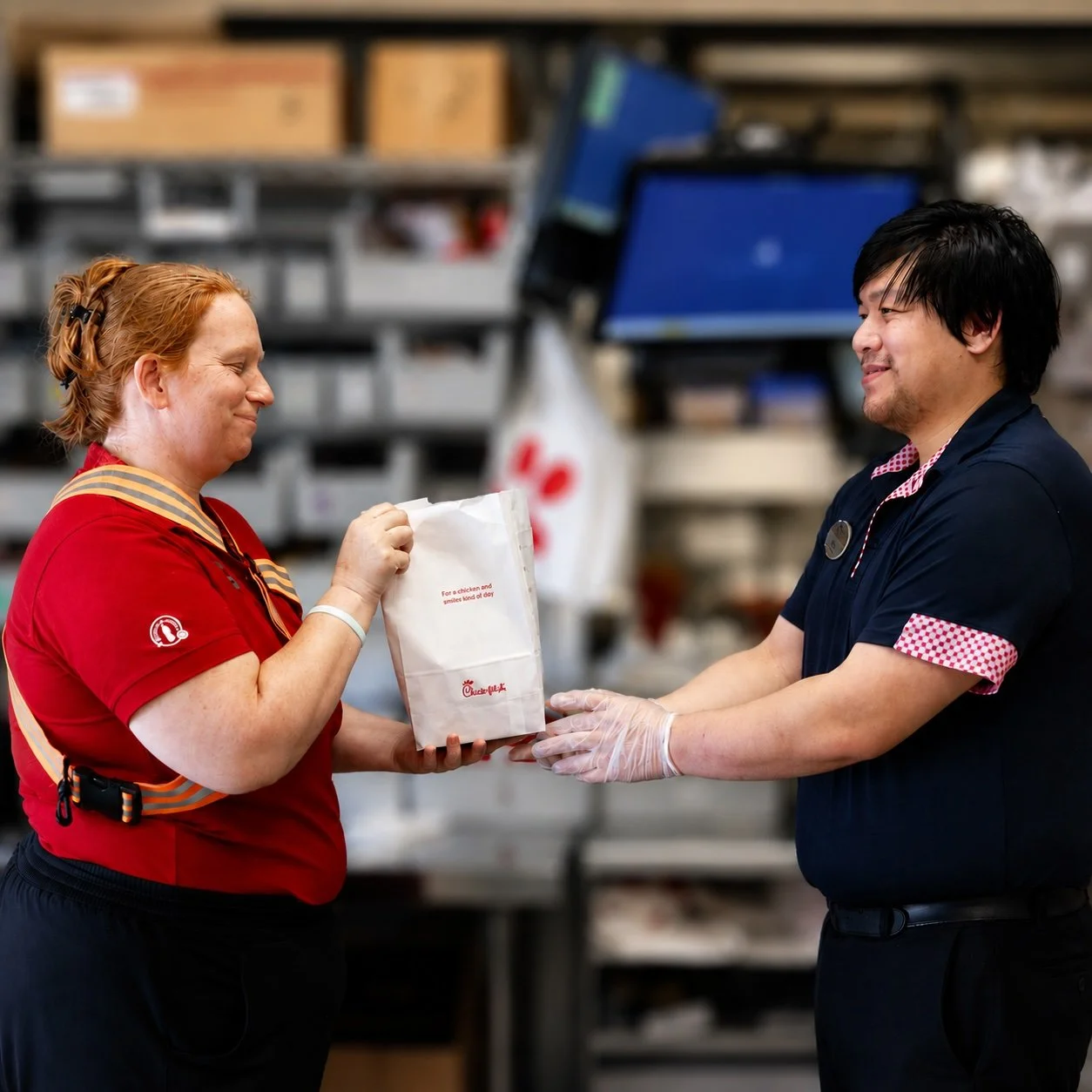 Phai Nguyen and a team member smiling as they hand off a Chick-fil-A bag to pass to a guest