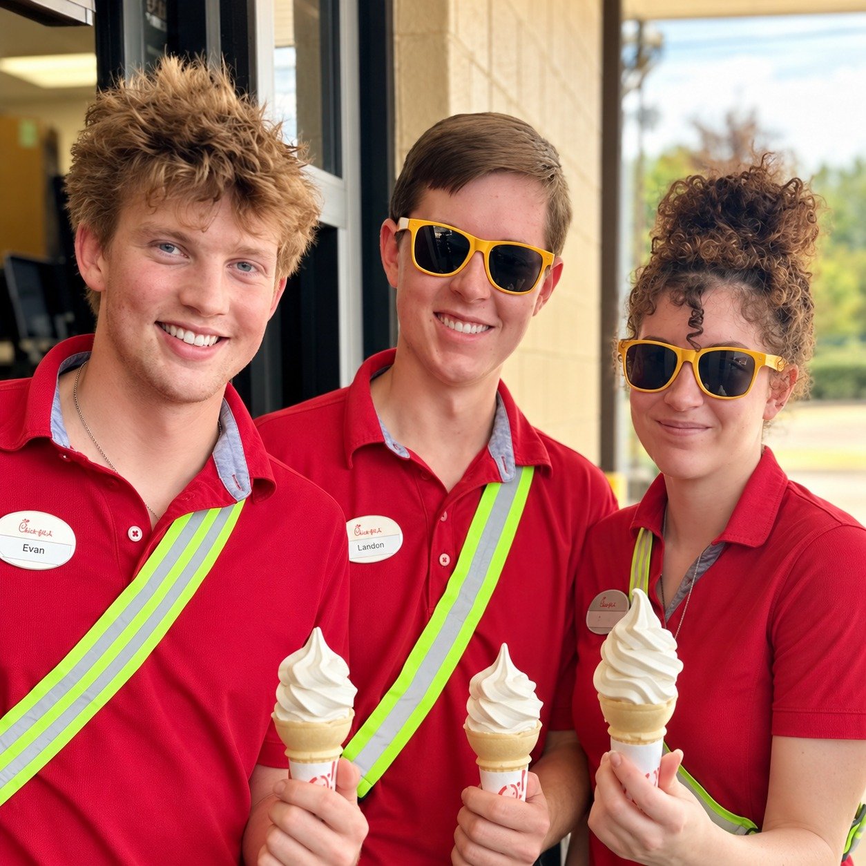 Evan Olson and two Chick-fil-A coworkers holding ice cream cones beside the drive-thru.