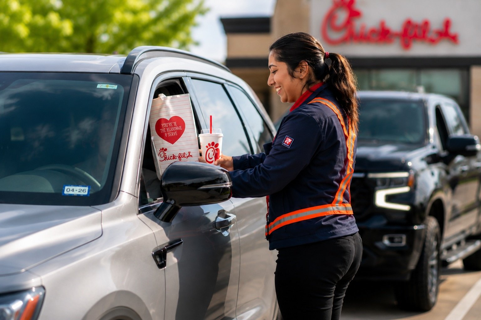 Chick-flil-A team member delivering food to a customer at drive thru with a smile