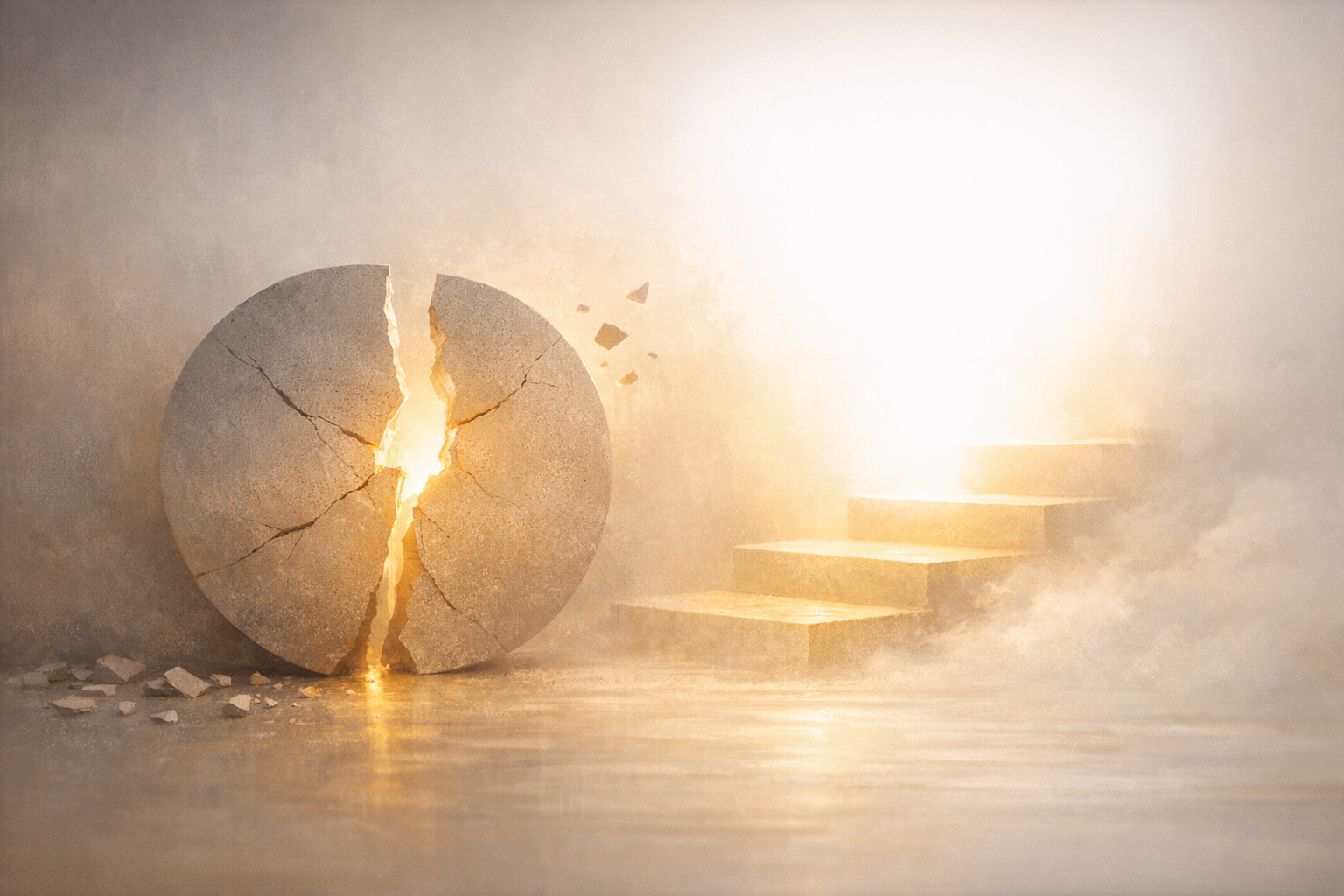 OCD and perfectionism cycle, cracked stone sphere with light breaking through, symbolizing breaking rigid all-or-nothing thinking