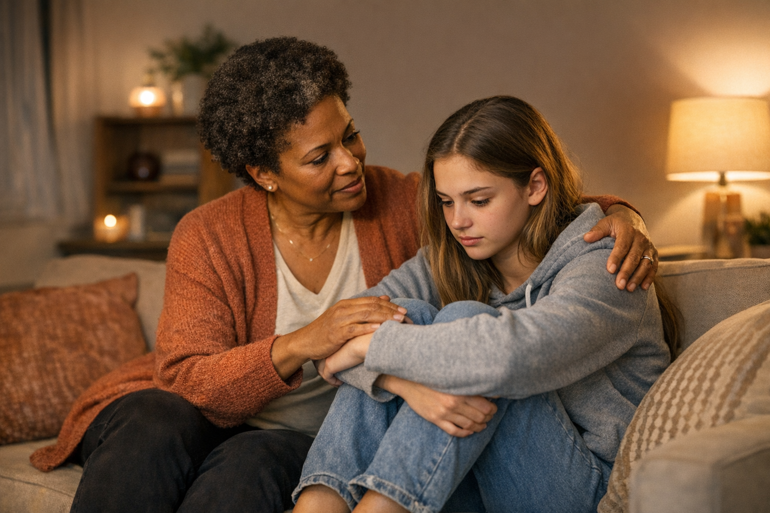 teen mood swings vs depression, parent comforting sad teen on couch during emotional moment