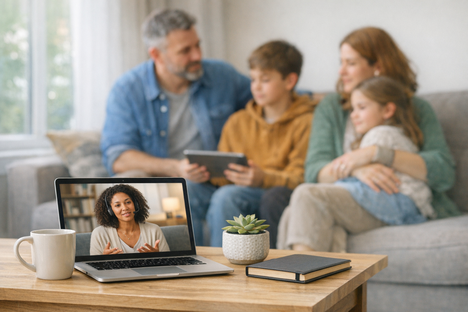 telehealth family therapy session at home, family meeting with therapist on laptop during online counseling