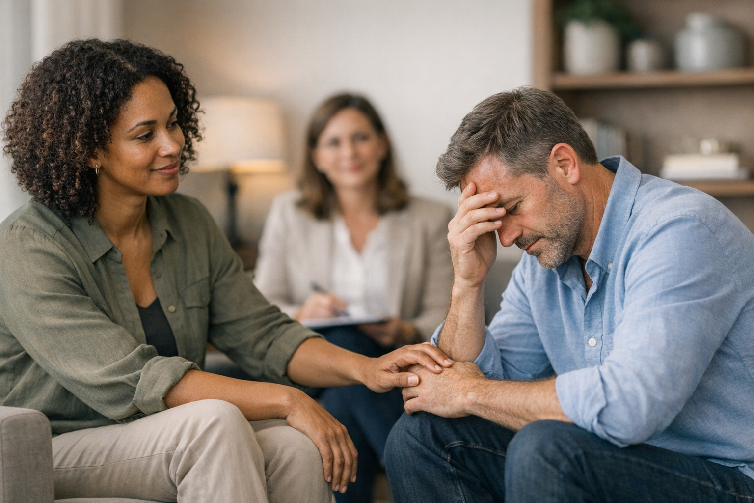 therapist supporting distressed client during session, partner offering comfort in background