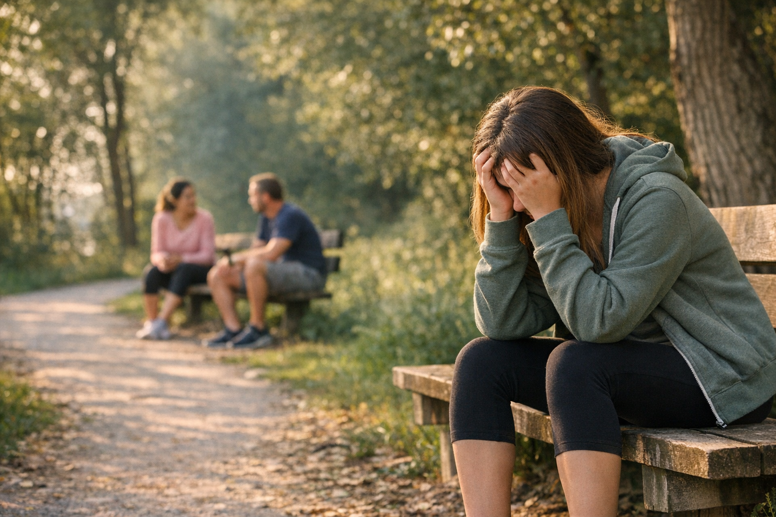 teen anxiety and avoidance, teen sitting on bench with head in hands while others talk in background