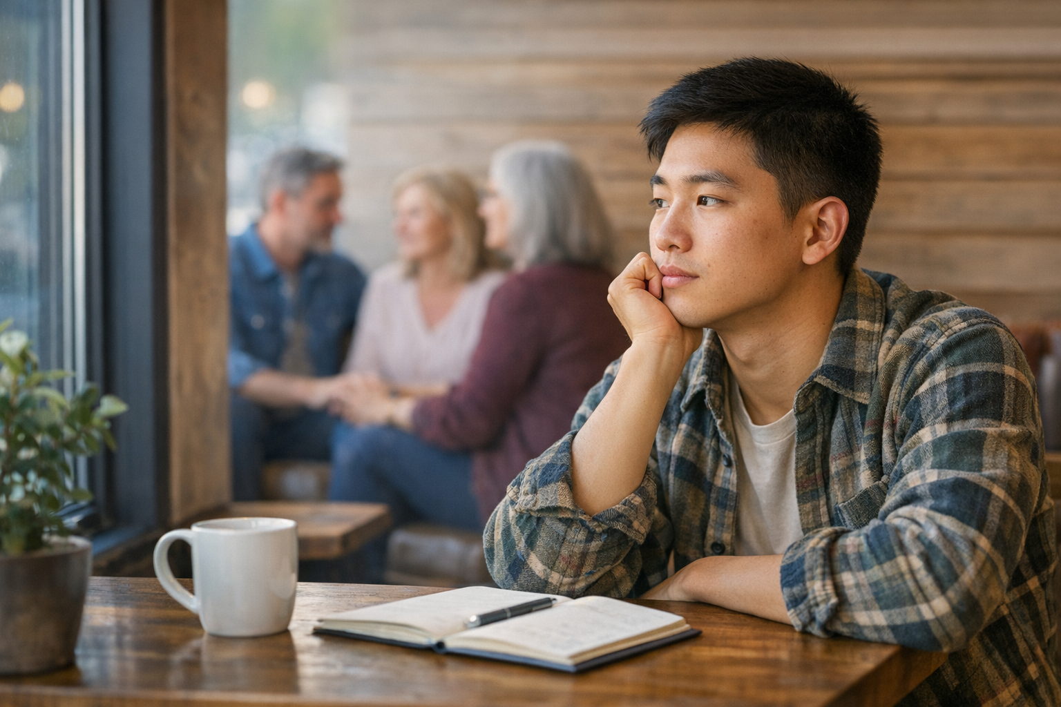 family therapy for self-harm, teen sitting thoughtfully while family talks in background during session