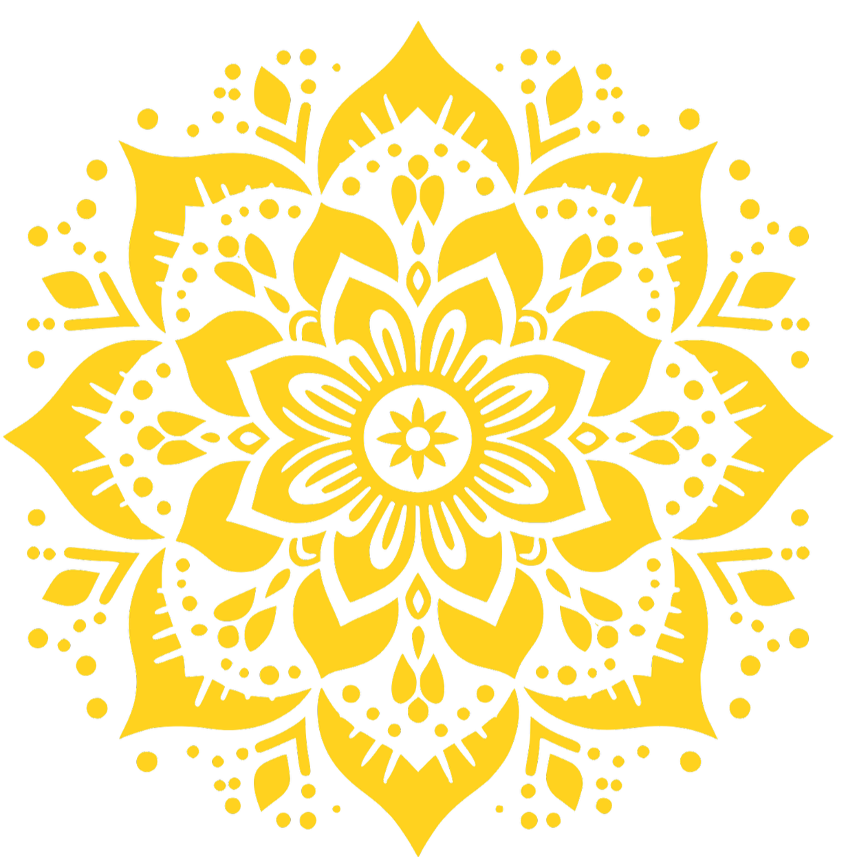Yellow and black mandala pattern with floral and geometric details on a black background.