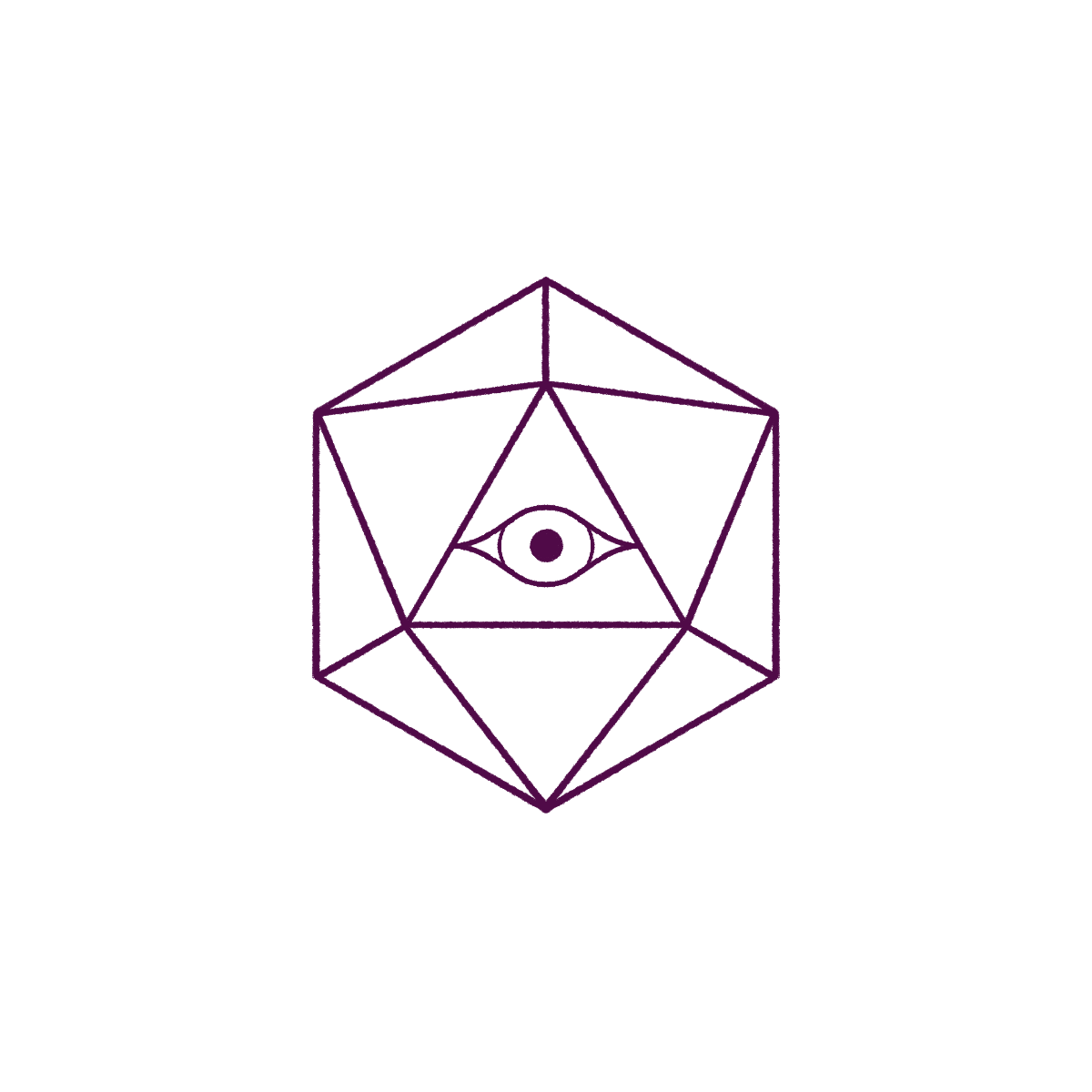 A geometric illustration of a 20-sided die with an eye symbol inside, drawn with purple lines on a black background.
