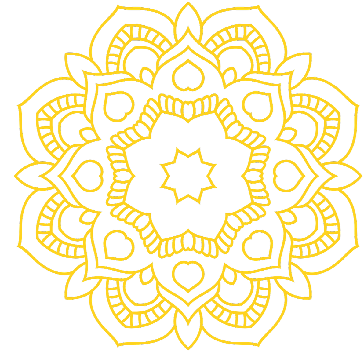 Golden line art mandala on black background.