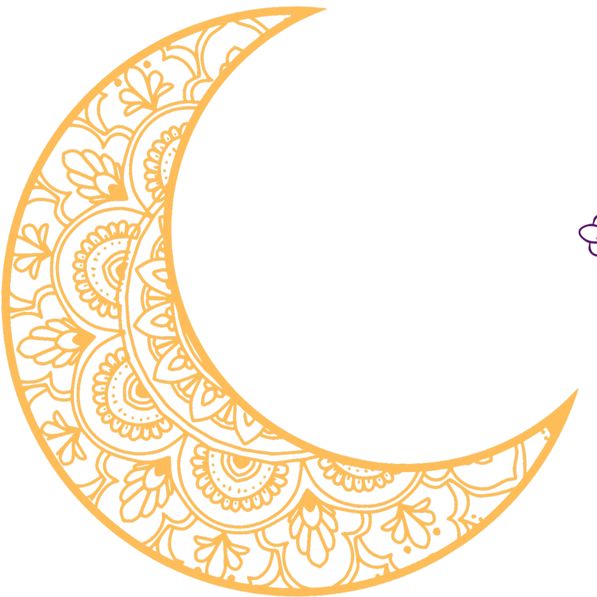 Black background with a gold intricately designed crescent moon featuring floral and geometric patterns.