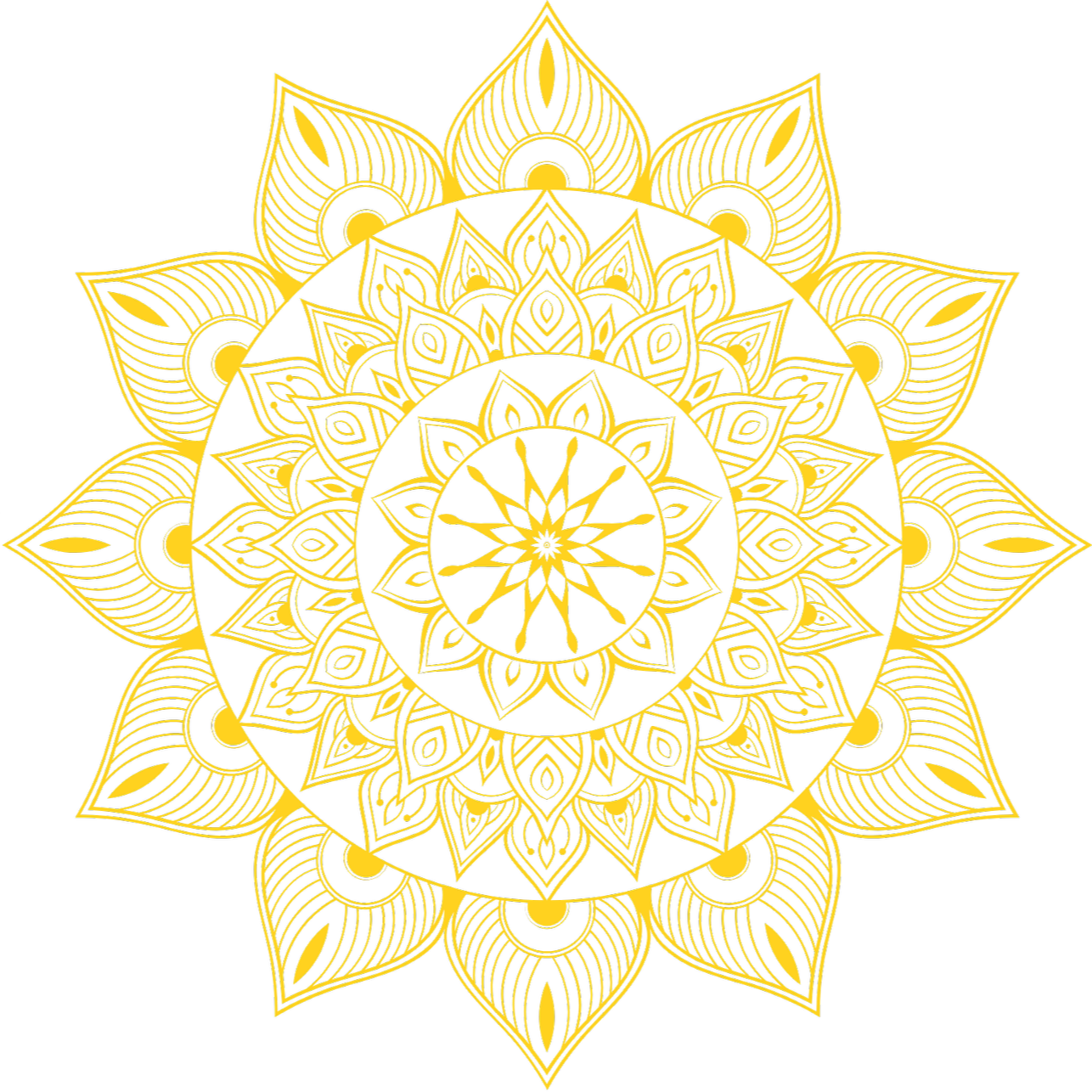 Gold and black intricate mandala design with multiple layers of petal and leaf shapes.