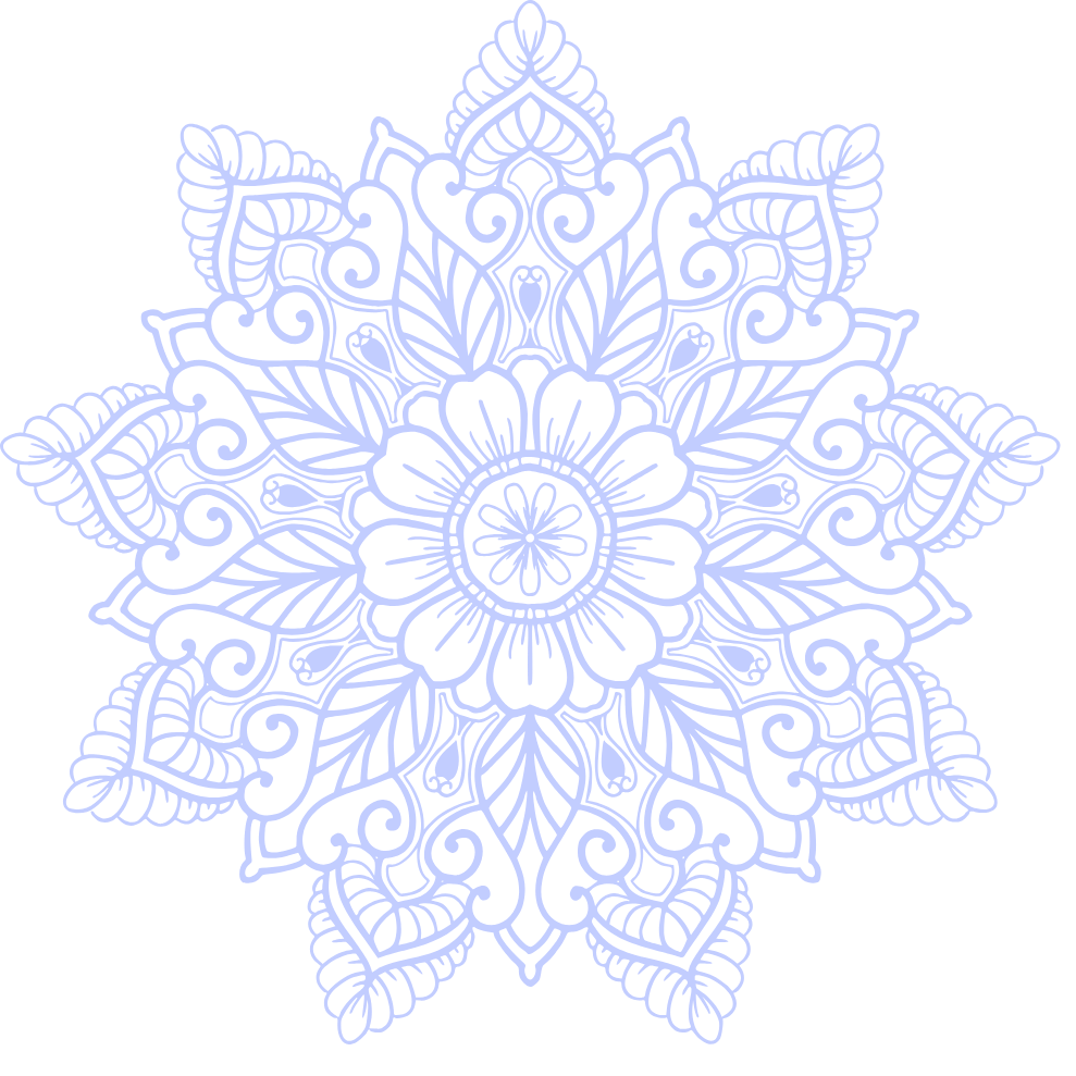 Intricate, symmetrical mandala pattern in light purple on black background.