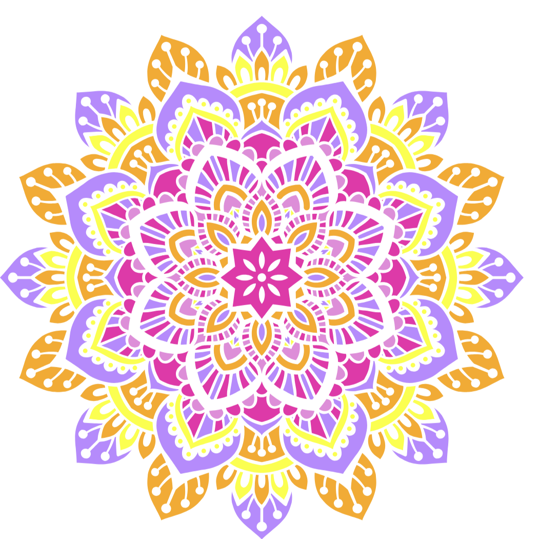 Colorful mandala with intricate patterns in purple, pink, yellow, and orange on a black background