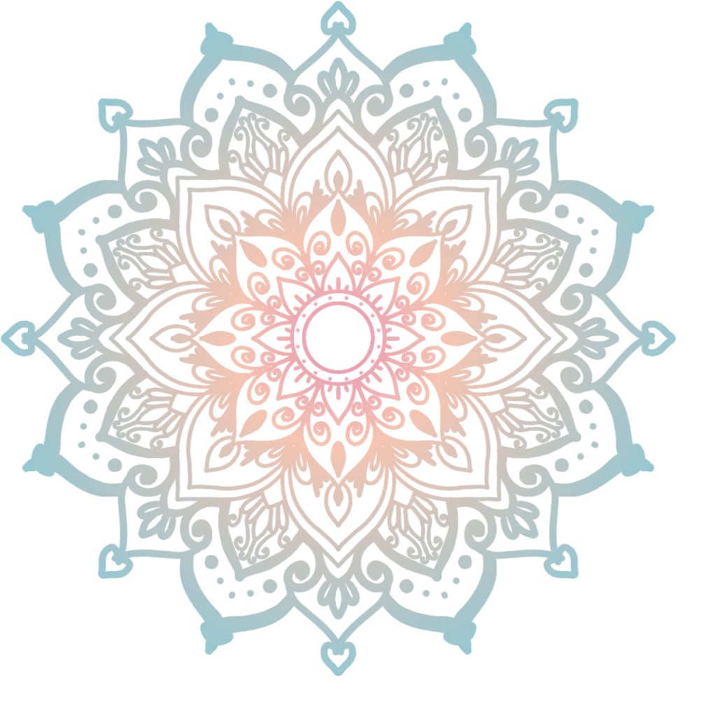 A detailed, symmetrical mandala with intricate patterns in shades of pink, gray, and hints of rainbow colors underneath, set against a transparent background.