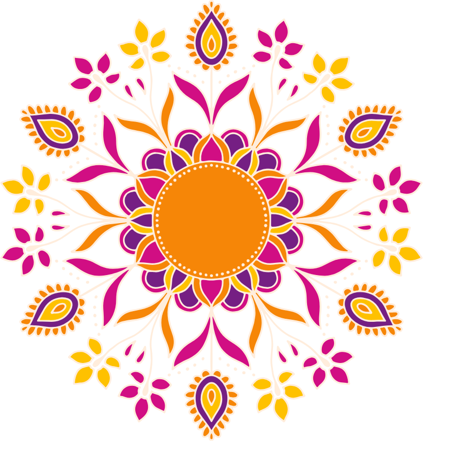 A vibrant, symmetrical pattern in pink, orange, yellow, and purple with floral and leaf motifs on a black background.