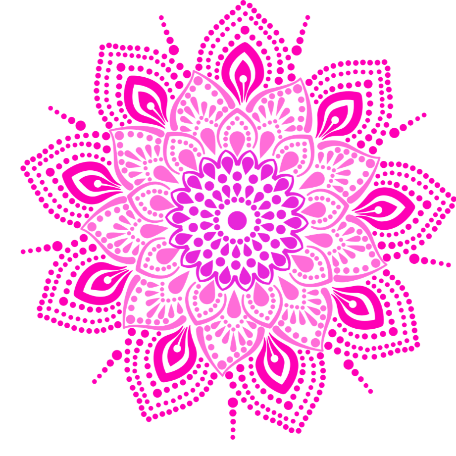 A vibrant pink and purple mandala design composed of intricate patterns and dots on a black background.