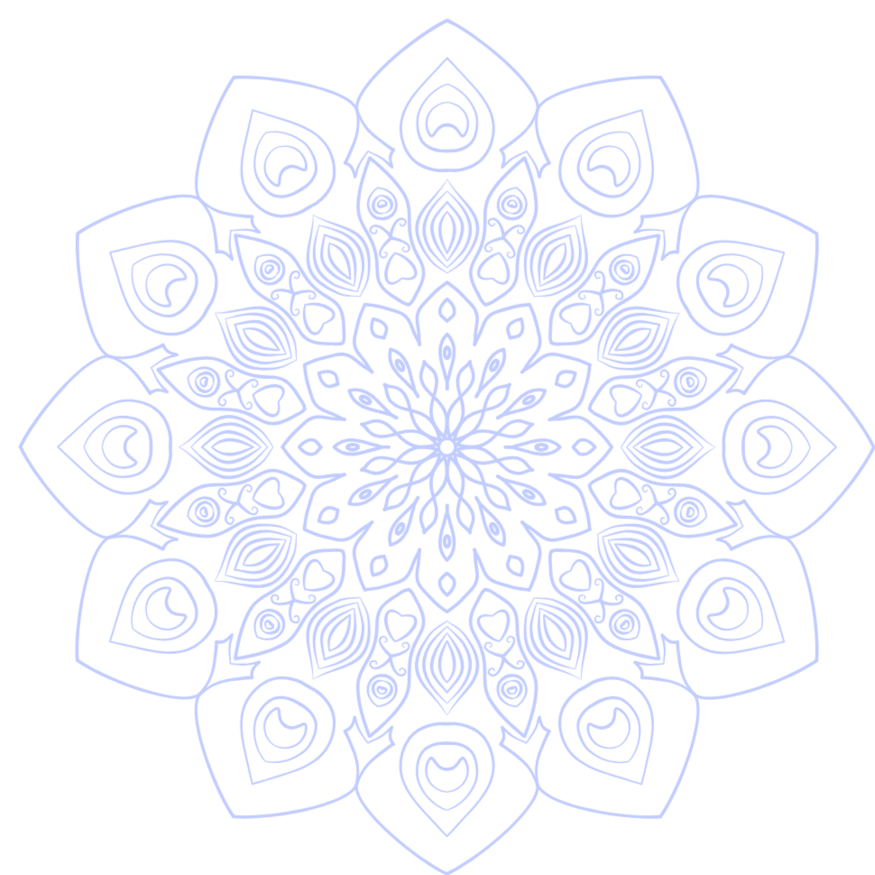 Line art floral mandala design with symmetrical patterns on black background.