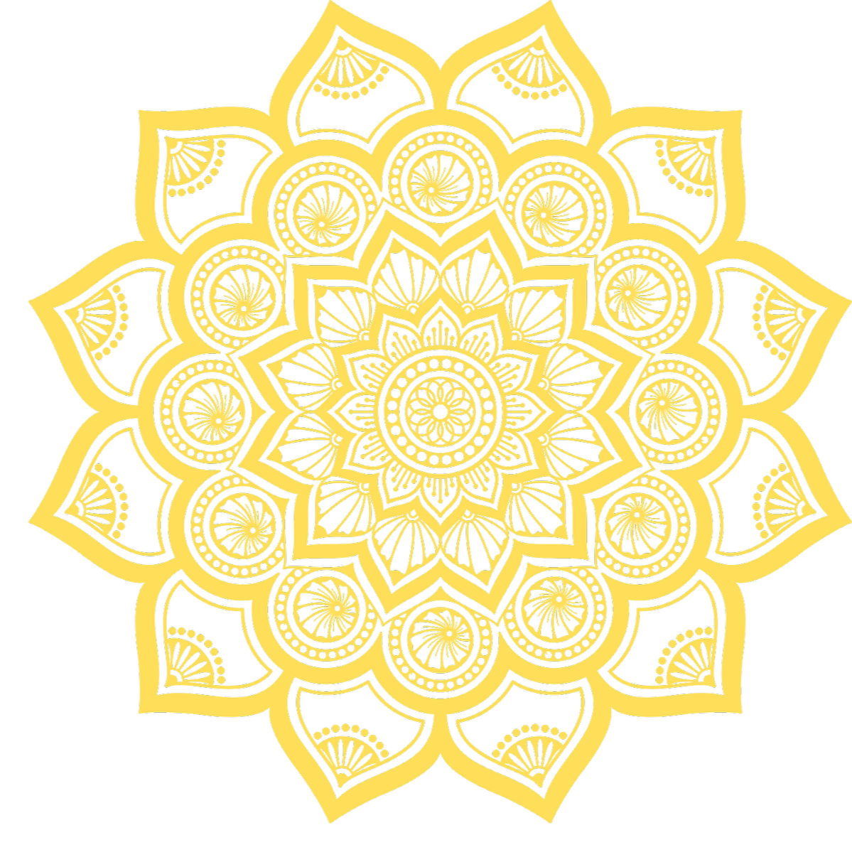 Intricate yellow mandala design with black background.