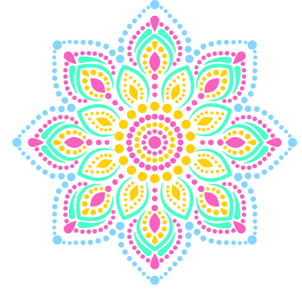 Colorful, symmetrical mandala pattern resembling a flower with pink, green, yellow, and blue elements.