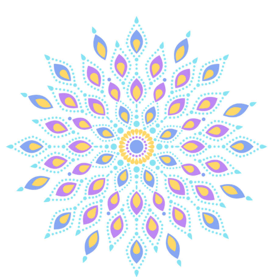 A colorful, intricate mandala-like pattern with a central circular design and radiating petal shapes in shades of purple, yellow, and blue.