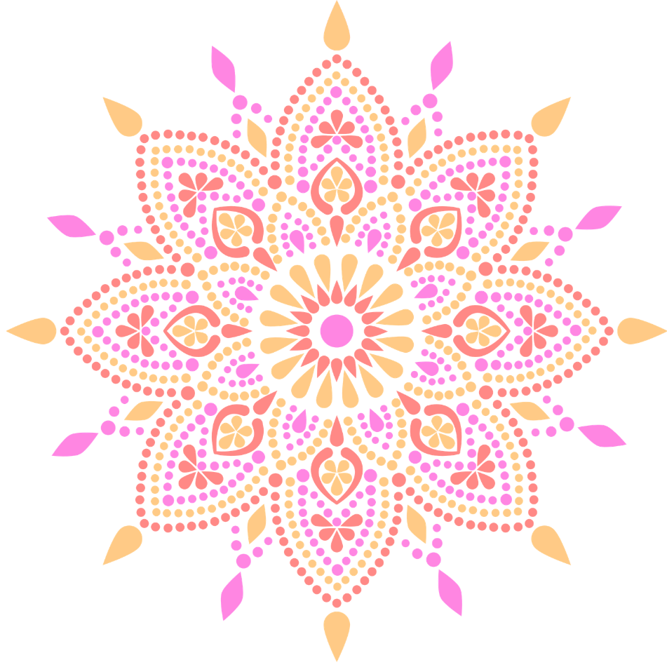 Colorful dotted mandala with pink, peach, and purple patterns on black background.