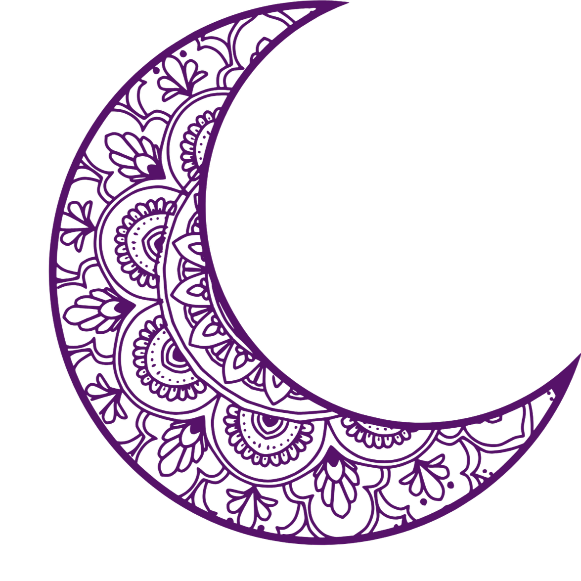 Decorative purple outline of a crescent moon with intricate floral and mandala patterns on a black background.