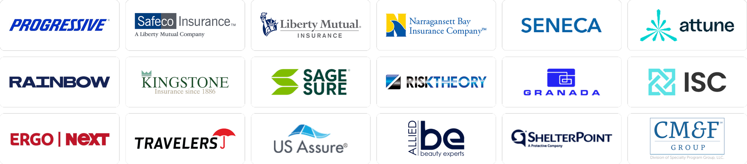 Carriers Sellis Brokerage is appointed with: Progressive, Safeco, Liberty Mutual, Narragansett Bay, Seneca, attune, Rainbow, Kingstone, SageSure, Risk Theory, Granada, ISC, ERGO NEXT, Travelers, US Assure, Allied Beauty Experts, ShelterPoint and CM&F