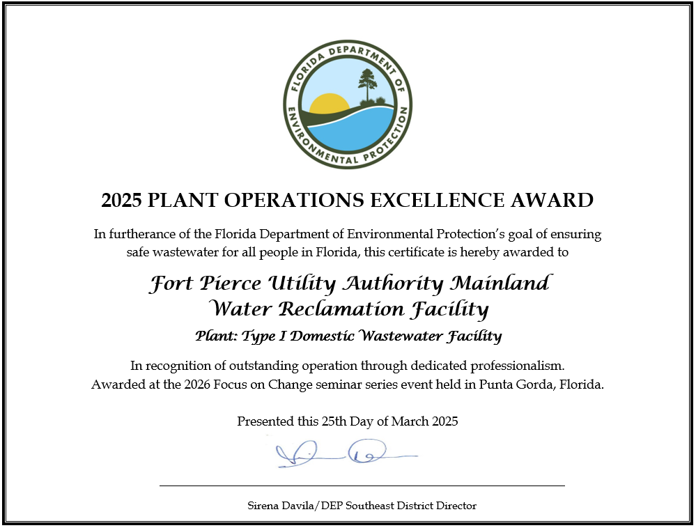 FPUA recognized with 2025 Water and Wastewater Plant Operations Excellence Award