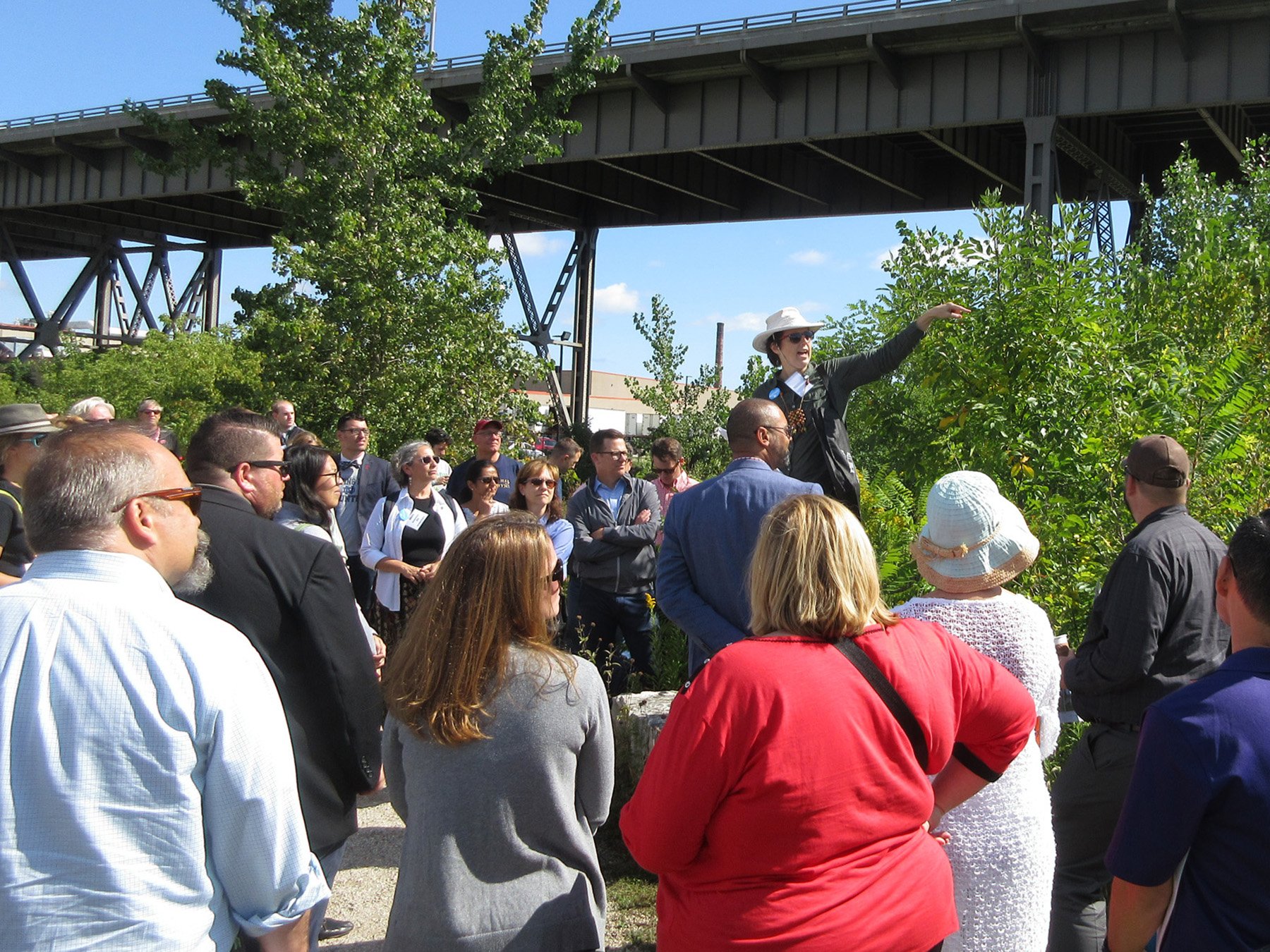 Nancy leading landscape architects on a tour in the Menomonee Valley