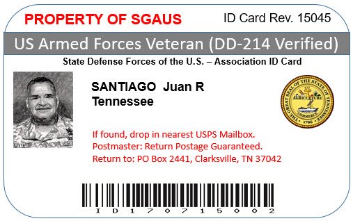 The back of the SGAUS ID card includes more information regarding the Veteran certification by SGAUS for Veterans, a gray color security picture of the member, the member’s state seal, instructions if the card is lost and a standard barcode field for